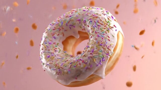 Delicious donut with white icing and colorful sprinkles on a pink background