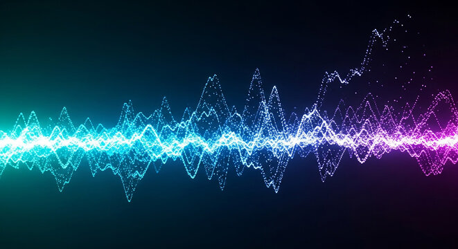 Vibrant abstract sound waveform with neon glow and particles