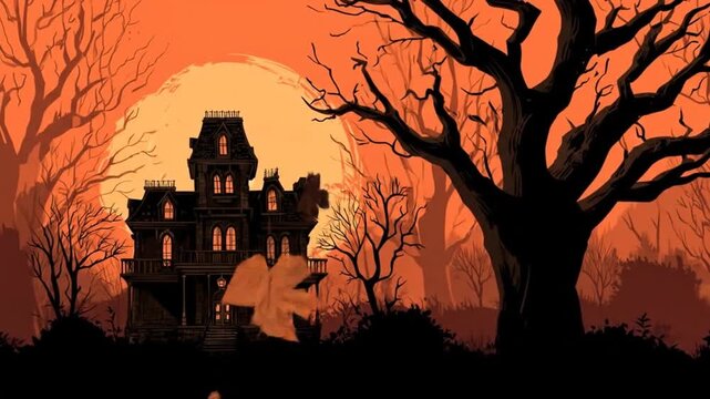 Spooky house silhouette with tree silhouettes and setting sun
