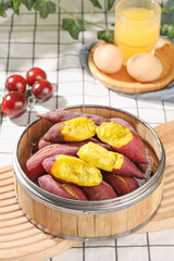 Steamed Sweet Potatoes with Yellow Flesh in Bamboo Basket - Healthy Natural Food Ingredients