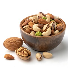 Wooden bowl filled with mixed nuts isolated on white background, showcasing healthy snacks, vegetarian options, and a variety of flavors and textures