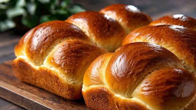 Close-up shot two rows of freshly baked golden brown brioche or challah rolls on rustic wooden board for breakfast meal accompaniment baked goods food photography culinary advertisement concept