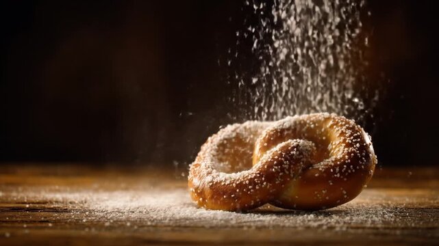 Close up of a pretzel with salt falling on a wooden surface