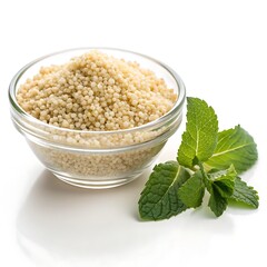 A glass bowl filled with couscous and garnished with fresh mint leaves, isolated on white background, showcasing its texture and freshness for a healthy meal option