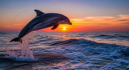 Graceful Dolphin Leaping out of Water against a Vibrant Sunset Sky with Golden Sun and Splashing Waves
