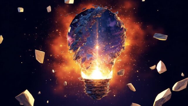 Abstract light bulb exploding with energy burst and shattered pieces