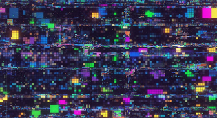 Abstract digital glitch art with vibrant neon colors and static interference