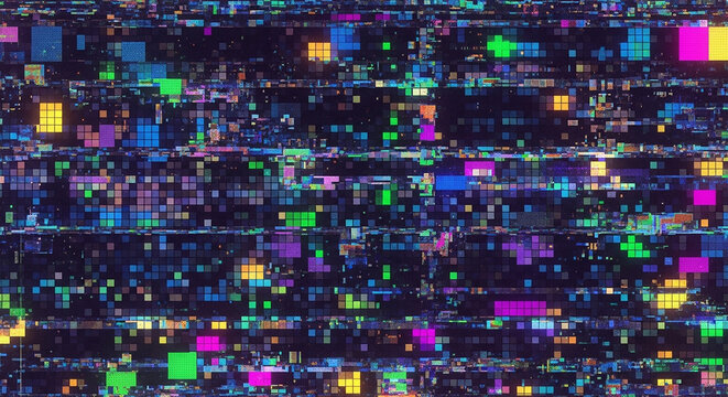 Abstract digital glitch art with vibrant neon colors and static interference