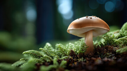 Fototapeta premium Single mushroom forest floor green moss natural light blurred background peaceful nature closeup wild