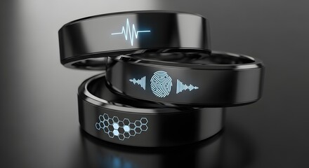 Three futuristic smart rings stacked on a dark surface, each displaying a different glowing blue digital graphic.