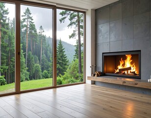Modern living room with large window showcasing a forest view and a burning fireplace