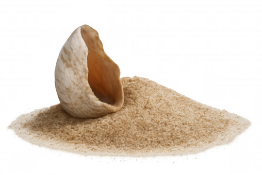 Seashell with a sandy texture resting on a small heap of fine beach sand, isolated object for marine themes