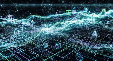 Abstract digital landscape of futuristic cityscape with glowing data streams