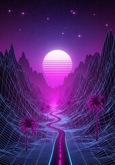 Futuristic synthwave landscape illustration with mountains and road