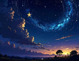 Night sky, star trails arc across a sunset landscape