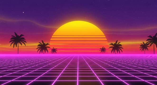 Retro futuristic sunset with palm trees and neon grid landscape