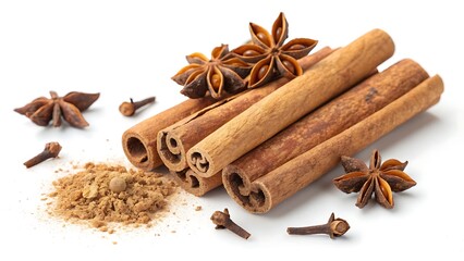 Aromatic cinnamon sticks, star anise, and cloves isolated on white background create a warm and inviting spice arrangement, perfect for culinary and holiday themes