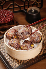Traditional Shandong Eight Treasures Glutinous Rice Bean Balls Chinese Cuisine Bamboo Steamer Coarse Grain Food