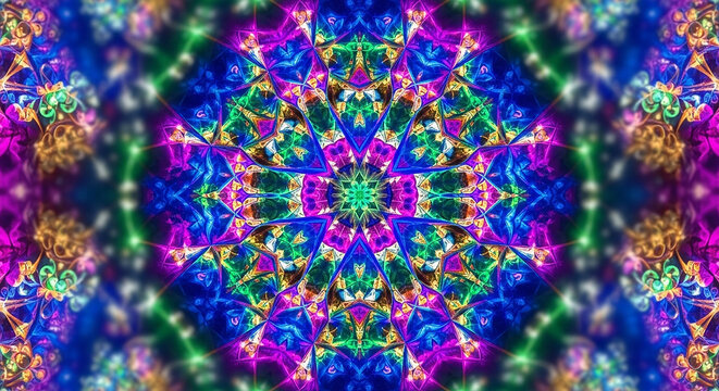 Vibrant abstract kaleidoscope pattern with geometric shapes and bright colors - Powered by Adobe