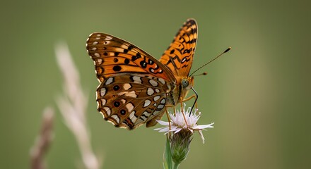 Fototapeta premium Orange and brown butterfly perched on a small white flower in natural environment
