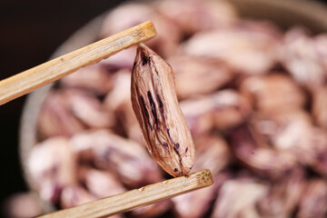 Peanut kernel in wooden tweezers with colorful farm harvest background - healthy snack and agriculture concept