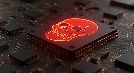 Skull icon illuminated on microchip indicating cyber security threat