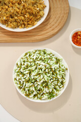 Green Sprouted Seeds and Nuts in White Bowls on Wooden Tray - Healthy Plant Protein Food