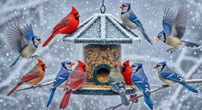 Birds on a feeder during a winter snowstorm, blue jays and cardinals