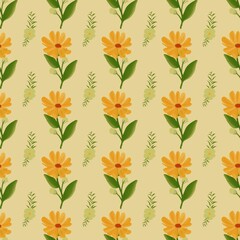 Floral Watercolor Pattern: Orange Flowers & Green Leaves on Beige