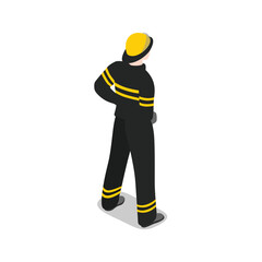 Isometric illustration of a firefighter in uniform, standing with hand on hip, isolated on transparent background