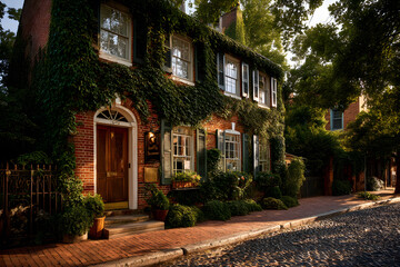 Fototapeta premium Ultra-realistic editorial photograph of a historic brick house covered in greenery during golden hour light