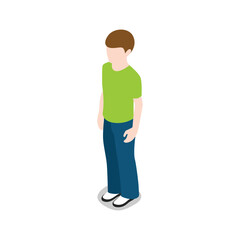 Fototapeta premium Isometric illustration of a young boy wearing a green tshirt and blue jeans, standing and isolated on a transparent background, representing childhood, casual wear, and simple design