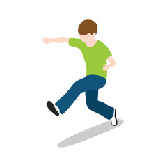 Young boy in a green tshirt and blue pants performing a dynamic martial arts kick, isolated on transparent background, illustrating action, movement, and physical activity with a clean, modern isometr
