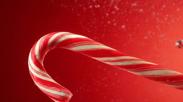 Candy cane submerged in liquid with red and white stripes close up