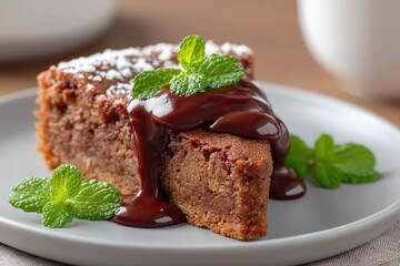 Close Up of Luxury Chocolate Cake Dessert on Plate with Mint Garnish and Chocolate Sauce