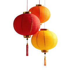 Obraz premium Three round paper lanterns, red and orange, hang with tassels