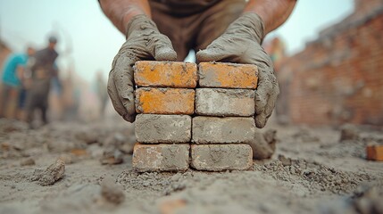 A laborer's hands, covered in dirt and clay, carefully stack freshly molded raw bricks at a brickyard, symbolizing manual work and construction