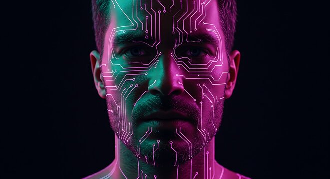 Man with circuit board design on face futuristic digital art concept