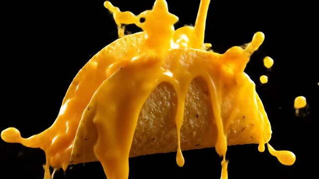Golden cheese splash on crunchy taco shell against a black background