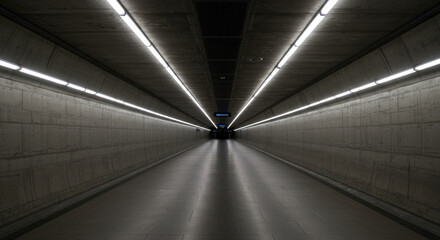 Futuristic empty subway tunnel with symmetrical lighting and modern design.