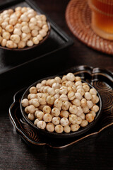 Crispy Five Spice Fried Chickpeas in Traditional Bowls - Xinjiang Style Dry Roasted Beans Snack