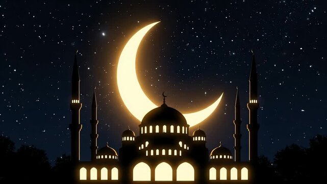 4k vector art depicting a mosque with a crescent moon during Eid Mubarak, set against a night sky with trees in the background, rendered with digital illustration style.
