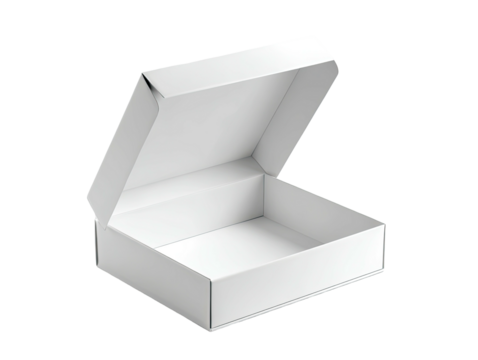 A partially opened, blank, white cardboard box; rectangular, with a hinged lid and shallow depth