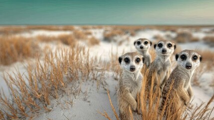 A group of meerkats standing alert on a sand dune, golden light, long shadows, dry grass patches nearby 