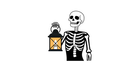 A skeleton holds a lit lantern set against a plain background