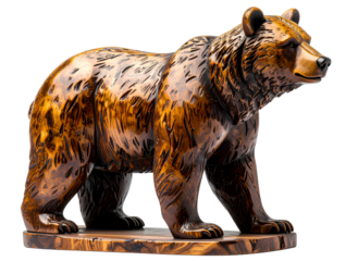 Rustic Hand-Carved Wooden Bear Figurine with Textured Fur, Standing Pose, Side View