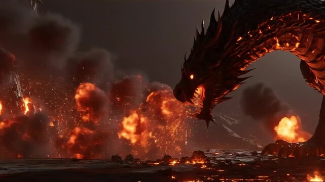 4k image depicts a formidable dragon emerging amidst fiery explosions against a dark, overcast sky, creating a dramatic and visually striking fantasy scene.