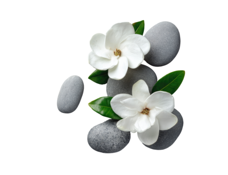 Two white flowers, lush green leaves, and gray stones arranged on a transparent background