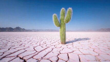 A lone saguaro cactus under the blazing desert sun, cracked earth, heat haze in the distance, deep blue sky, intense midday lighting 