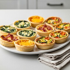 Fototapeta premium a display of mini quiches. An assortment of different flavors (spinach and feta, bacon and cheddar, roasted vegetable) are arranged on a white platter. A delicate linen napkin is folded next to the pl